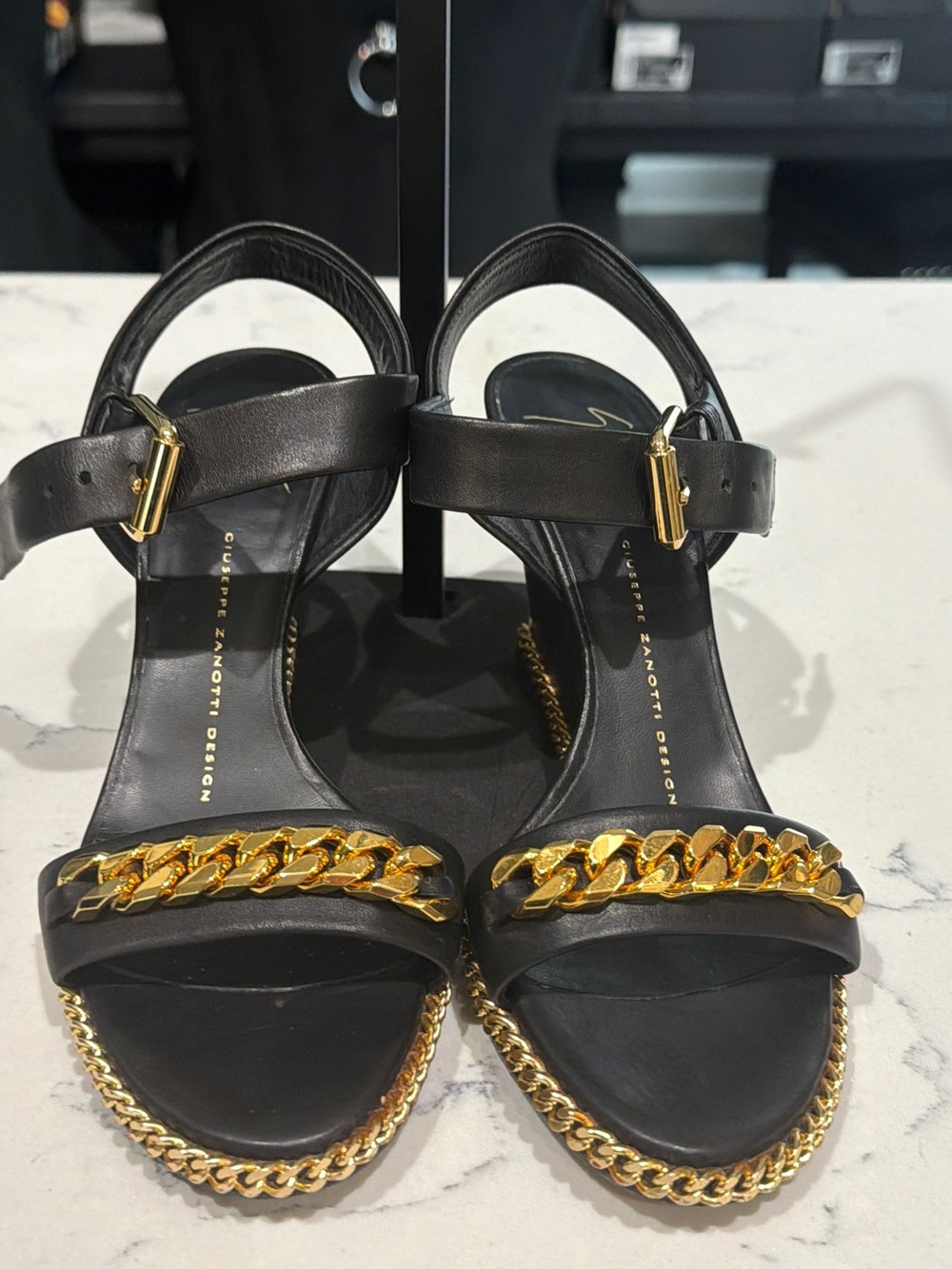 Giuseppe Zanotti Black Leather Sandals with Gold Chain Trim